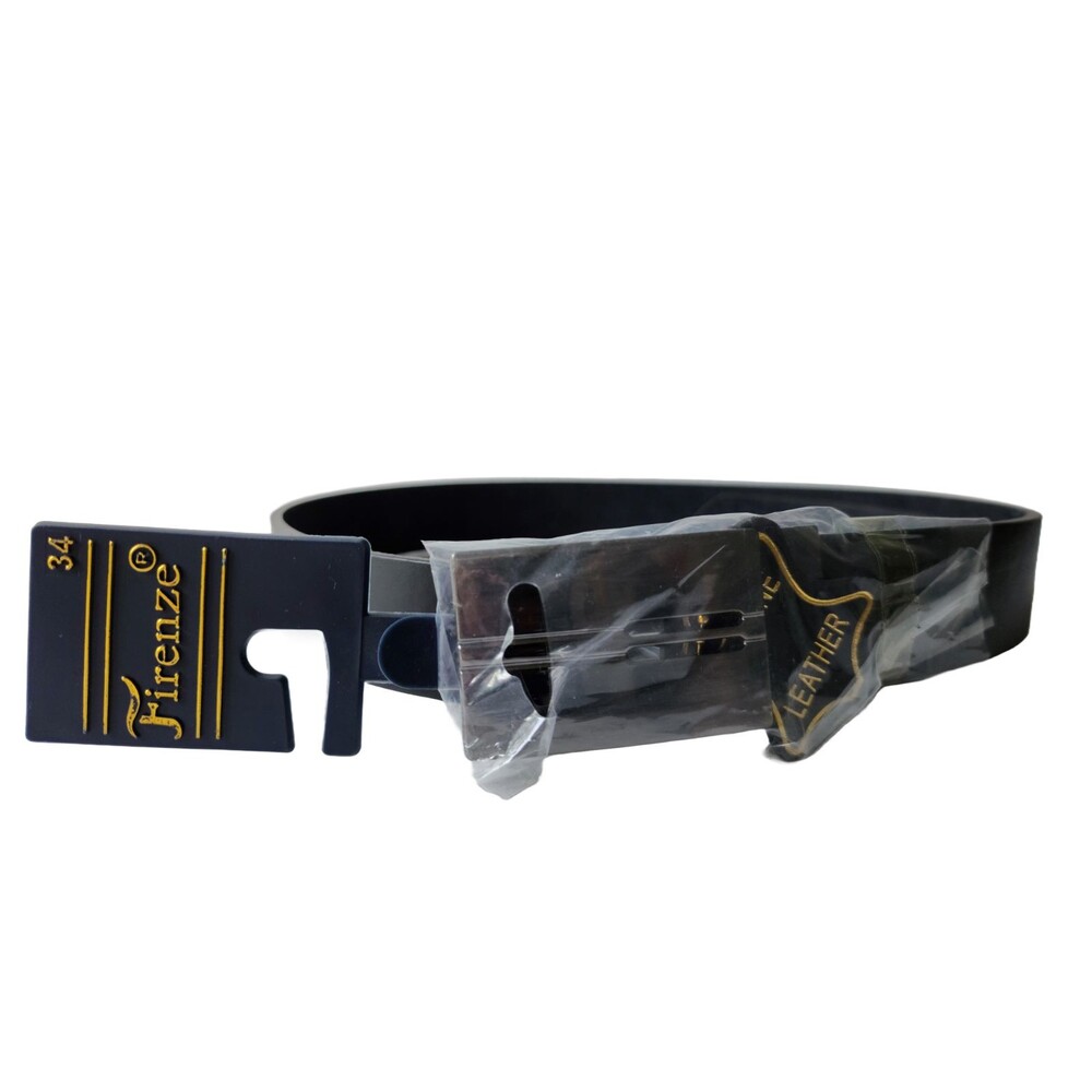 NWT Firenze Men’s Solid Black Leather Dress Belt MB5000 Metal Buckle Size 34